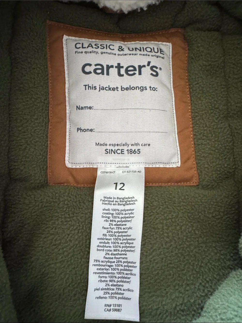 Carter’s Kids Insulated Hooded Parka Jacket in Camel with Faux Fur Trimmed Hood